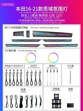 Honda Civic Fc5 Trim Ambiyans Ortam Aydınlatması 2016-2021 22 Led Ribbon Rainbow