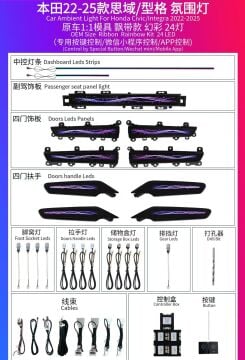 Honda Civic FE Trim Ambiyans Ortam Aydınlatması 2022-2026 24 Led Ribbon Rainbow